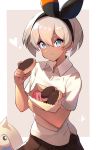  1girl :t absurdres bag bangs black_hairband black_skirt blonde_hair blue_eyes bow_hairband collared_shirt commentary_request eating food gen_2_pokemon hair_between_eyes hairband hand_up heart highres hitmontop holding holding_food looking_at_viewer paper_bag pokemon pokemon_(creature) pokemon_(game) pokemon_swsh saitou_(pokemon) shiny shiny_hair shirt short_hair short_sleeves skirt takom two-tone_background white_shirt 