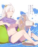  1girl ahoge anastasia_(fate/grand_order) bean_bag_chair breasts closed_eyes commentary_request earrings electric_fan fate/grand_order fate_(series) haiku hair_between_eyes hair_ribbon highres jewelry large_breasts long_hair mitsurugi_sugar poem purple_shirt purple_shorts ribbon shirt shirt_lift shorts silver_hair sitting solo sweat translated under_boob yellow_ribbon 