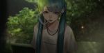  1girl absurdres blue_eyes blue_hair cigarette ear_piercing hatsune_miku highres huge_filesize jewelry looking_at_viewer mano_aaa necklace piercing shirt smoking solo t-shirt twintails vocaloid 