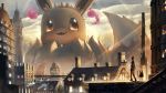  bridge building city clouds day eevee flyaspring4 gen_1_pokemon gigantamax highres outdoors pokemon pokemon_(creature) sunlight 