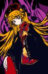  1girl aura bird black_dress black_eyes blonde_hair chinese_clothes crescent dress energy fire junko_(touhou) long_hair looking_at_viewer phoenix pom_pom_(clothes) ribbon rrssrr smile solo tabard touhou wide_sleeves yellow_ribbon 