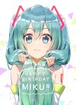  1girl alternate_costume aqua_eyes aqua_hair bangs closed_mouth detached_sleeves eyebrows_visible_through_hair hair_between_eyes hair_over_shoulder happy_birthday hatsune_miku headgear highres looking_at_viewer raised_eyebrows sleeveless smile solo twintails upper_teeth vocaloid wedo white_background 