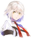  1girl artist_name closed_mouth e.de.n eyebrows_visible_through_hair girls_frontline graphite_(medium) hair_between_eyes lips looking_at_viewer medium_hair necktie red_neckwear shirt silver_hair solo traditional_media vector_(girls_frontline) white_background white_shirt yellow_eyes 
