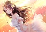  1girl blush brown_eyes brown_hair closed_mouth clouds dress flower hair_flower hair_ornament holding_hands long_hair looking_at_viewer off-shoulder_dress off_shoulder original outdoors outstretched_arm sky smile solo sundress sunlight white_dress yugirlpict 