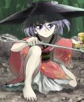  1girl bangs black_headwear closed_eyes full_body holding holding_mallet holding_needle japanese_clothes kimono long_sleeves looking_at_viewer mallet minigirl miracle_mallet needle needle_sword obi outdoors pink_kimono purple_hair sash short_hair sitting solo sukuna_shinmyoumaru sunyup touhou v-shaped_eyebrows violet_eyes wide_sleeves 