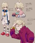  1boy ahoge arm_up beet_(pokemon) blonde_hair blush closed_eyes closed_mouth cns coat collared_shirt commentary_request curly_hair dynamax_band eyebrows_visible_through_hair great_ball grey_background highres long_sleeves multiple_views number open_mouth poke_ball pokemon pokemon_(game) pokemon_swsh purple_coat shirt short_sleeves shorts socks tongue translation_request violet_eyes watch watch 