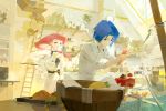  1boy 1girl a-shacho apron bag bangs blue_eyes blue_hair bread clock collared_shirt commentary_request cooking earrings food fruit gen_1_pokemon gloves green_eyes holding holding_tray indoors jewelry kojirou_(pokemon) ladder long_hair looking_at_another meowth musashi_(pokemon) plant pokemon pokemon_(anime) pokemon_(creature) redhead shelf shirt striped striped_shirt team_rocket tray vertical-striped_shirt vertical_stripes 