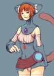  1girl animal_ears animal_hood blue_eyes breasts breath_of_fire breath_of_fire_v cat_ears cat_hood closed_mouth commentary dress gloves highres hood kannoaki lin_(breath_of_fire) looking_at_viewer orange_hair short_hair simple_background smile solo standing tail thigh-highs 