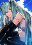  1girl :3 aqua_eyes aqua_hair arm_tattoo bangs bare_shoulders black_legwear blue_sky boots closed_mouth clouds condensation_trail day detached_sleeves feet_out_of_frame from_side hair_flowing_over hair_ornament hair_over_shoulder hand_on_own_cheek hatsune_miku head_rest headphones headset holding holding_hair long_hair looking_at_viewer miyatsuki_azuki necktie skirt sky smile solo squatting tattoo thigh-highs thigh_boots twintails very_long_hair vocaloid 