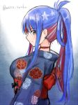  1girl alternate_hairstyle black_kimono blue_background blue_hair breasts commentary_request floral_print gradient gradient_background japanese_clothes kantai_collection kimono large_breasts long_hair multicolored_hair ponytail profile redhead solo south_dakota_(kantai_collection) star_(symbol) twitter_username upper_body white_background white_hair wss_(nicoseiga19993411) yukata 