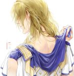  1boy armor blonde_hair changye chiron_(fate) fate/grand_order fate_(series) from_behind holding long_hair male_focus messy_hair nape parted_lips profile simple_background sleeveless solo sweat upper_body white_background 