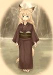  1girl animal_ear_fluff animal_ears bangs batta_(kanzume_quality) blonde_hair blush brown_footwear brown_kimono closed_mouth commentary_request eyebrows_visible_through_hair fox_ears fox_girl fox_tail full_body green_eyes japanese_clothes kimono long_hair long_sleeves looking_at_viewer obi original sash smile solo standing tabi tail white_legwear wide_sleeves zouri 