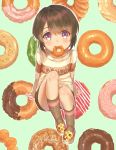  1boy blush brown_hair doughnut eyebrows_visible_through_hair food food_in_mouth highres looking_at_viewer male_focus mouth_hold original shoes short_shorts shorts sitting sneakers takanoberii violet_eyes 