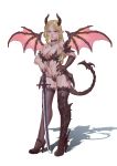  1girl absurdres armor bangs bare_shoulders bikini_armor black_choker black_gloves black_legwear black_nails blonde_hair blue_eyes boots breasts choker collarbone contrapposto demon_girl dragon_girl dragon_horns dragon_tail dragon_wings elbow_gloves full_body gloves hand_on_hip high_heel_boots high_heels highres horns lips long_hair looking_at_viewer medium_breasts navel original pointy_ears revealing_clothes simple_background single_elbow_glove single_glove smile solo standing stomach sword tail thigh-highs weapon white_background wings xue_qi_ye_(dndtmbdue) 