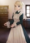  1girl absurdres apron black_dress blonde_hair bun_cover cabinet cup dress highres holding holding_tray indoors long_sleeves looking_at_viewer maid maid_apron original puffy_long_sleeves puffy_sleeves short_hair solo standing teacup teapot tray window wooden_floor z_hiiragi 