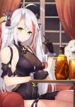  1girl alcohol antenna_hair azur_lane black_dress bottle bow breasts dress gemini_(feng) iron_cross large_breasts mole mole_on_breast multicolored_bow multicolored_hair prinz_eugen_(azur_lane) prinz_eugen_(cordial_cornflower)_(azur_lane) redhead shoulder_cutout silver_hair smile solo streaked_hair two_side_up underboob_cutout whiskey yellow_eyes 