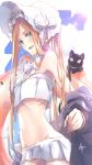  1girl abigail_williams_(fate/grand_order) abigail_williams_(swimsuit_foreigner)_(fate) bangs bare_shoulders bikini black_cat black_jacket blonde_hair blue_eyes blush bonnet bow breasts cat fate/grand_order fate_(series) forehead hair_bow highres innertube jacket knt_(pixiv52732968) long_hair looking_at_viewer miniskirt navel off_shoulder open_clothes open_jacket open_mouth parted_bangs sidelocks skirt small_breasts smile swimsuit twintails very_long_hair white_bikini white_bow white_headwear 