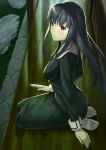  1girl asagami_fujino bangs beppu_mitsunaka black_dress blue_hair blush breasts closed_mouth dress highres kara_no_kyoukai lap_pillow_invitation long_hair long_sleeves looking_at_viewer medium_breasts red_eyes seiza sitting sleeve_cuffs smile 