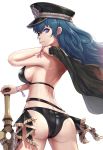  1girl ass bikini black_bikini blue_eyes blue_hair breasts byleth_(fire_emblem) byleth_eisner_(female) cape commentary commentary_request fire_emblem fire_emblem:_three_houses fire_emblem_heroes full_body gonzarez hat highres large_breasts looking_at_viewer sideboob simple_background solo standing swimsuit sword sword_of_the_creator upper_body weapon white_background 