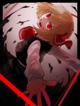  1girl :d bangs black_vest blonde_hair blouse fangs from_behind hair_ribbon head_tilt katsuo_(raise_ha_maguro) long_sleeves looking_at_viewer open_mouth outstretched_arms red_eyes red_neckwear red_ribbon ribbon rumia short_hair smile solo teeth touhou upper_body vest white_blouse 