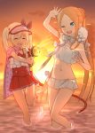 2girls abigail_williams_(fate/grand_order) abigail_williams_(swimsuit_foreigner)_(fate) bangs bare_shoulders beach bikini blonde_hair blue_eyes blush bonnet bow breasts cape closed_eyes covered_navel dress_swimsuit fate/grand_order fate_(series) forehead hose hose_nozzle illyasviel_von_einzbern illyasviel_von_einzbern_(swimsuit_archer)_(fate) inflatable_armbands kopaka_(karda_nui) long_hair miniskirt multiple_girls navel ocean one-piece_swimsuit one_eye_closed open_mouth orange_sky parted_bangs red_bow red_headwear red_swimsuit shore sidelocks skirt sky small_breasts smile star_(symbol) star_print sunset swimsuit thighs twintails very_long_hair visor_cap white_bikini white_hair white_headwear 