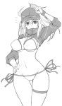  1girl ahoge artoria_pendragon_(all) ass_visible_through_thighs bangs baseball_cap bikini breasts closed_mouth commentary cowboy_shot fate/grand_order fate_(series) greyscale groin hair_through_headwear hand_on_hip hat highres kiriya_(aprikose_0312) large_breasts long_sleeves looking_at_viewer medium_hair monochrome mysterious_heroine_xx_(foreigner) navel notice_lines ponytail salute shrug_(clothing) side-tie_bikini skindentation smile solo standing swimsuit thigh_gap thigh_strap wristband zipper 