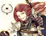  1boy armor bishounen black_cloak black_gloves bow_(weapon) cloak closed_eyes copyright_name failnaught_(fate) fate/grand_order fate_(series) gloves harp holding holding_weapon instrument kinoko_umaiyone knight long_hair long_sleeves male_focus one_eye_closed redhead simple_background solo tristan_(fate/grand_order) upper_body weapon white_background 