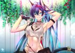  1girl absurdres alternate_costume animal_ears arknights arm_strap armpits bangs bikini black_gloves black_hair blaze_(arknights) blue_eyes blue_nails breasts cat_ears cat_tail cno fingerless_gloves gloves grin hair_between_eyes hairband hand_behind_head highres jewelry long_hair looking_at_viewer medium_breasts necklace red_hairband smile solo swimsuit tail torn_clothes very_long_hair 