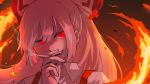  1girl :d bangs bow cigarette evil_smile fang fire fujiwara_no_mokou hair_bow holding holding_cigarette katsuo_(raise_ha_maguro) long_hair looking_to_the_side open_mouth portrait red_eyes shirt sidelocks smile smoke smoking solo suspenders teeth touhou white_hair white_shirt 