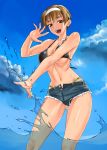  1girl ass_visible_through_thighs bang-you bikini bikini_under_clothes brown_hair clouds cloudy_sky collarbone cowboy_shot denim denim_shorts highres kashiwagi_azusa kizuato navel open_mouth partially_unbuttoned short_hair short_shorts shorts sky smile solo splashing sweat swimsuit teeth tomboy tongue very_short_hair water 