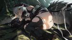  1girl arknights ass bare_shoulders black_legwear boots breasts commentary_request crocodilian_tail diaodiao gloves green_hair grey_hair highres long_hair looking_at_viewer lying multicolored_hair partly_fingerless_gloves pointy_ears skindentation small_breasts solo tail thigh-highs thigh_boots tomimi_(arknights) torn_clothes torn_legwear two-tone_hair yellow_eyes 