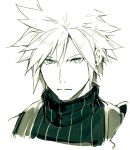  1boy armor bare_shoulders closed_mouth cloud_strife earrings ears_visible_through_hair face final_fantasy final_fantasy_vii final_fantasy_vii_remake frown green_eyes hair_between_eyes highres jewelry kyo_(kuroichigo) male_focus monochrome pauldrons shoulder_armor simple_background single_pauldron sketch solo spiky_hair turtleneck upper_body white_background 