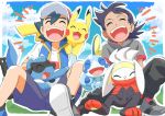  2boys absurdres bangs baseball_cap black_hair black_pants closed_eyes clouds commentary_request day gen_1_pokemon gen_4_pokemon gen_8_pokemon gou_(pokemon) grass hair_between_eyes hat highres jacket multiple_boys on_shoulder open_mouth outdoors pants pikachu pokemon pokemon_(anime) pokemon_(creature) pokemon_on_shoulder pokemon_swsh_(anime) raboot riolu satoshi_(pokemon) shirt shoes shorts sitting sky sobble spread_legs teeth tongue yasuda_shuuhei 