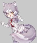  1girl :3 animal_ears blue_eyes blush claw_pose cowboy_shot dog_(mixed_breed)_(kemono_friends) dog_ears dog_girl dog_tail elbow_gloves extra_ears eyebrows_visible_through_hair fang fur_trim gloves grey_hair grey_jacket grey_skirt harness heterochromia jacket kemono_friends multicolored_hair nyifu open_mouth pleated_skirt scarf short_hair short_sleeves skirt solo tail vest white_gloves white_hair white_jacket white_scarf white_vest yellow_eyes 