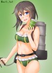  1girl anti_(untea9) bikini black_hair breasts collarbone cup gradient gradient_background green_background green_bikini grey_eyes hair_between_eyes hayasui_(kantai_collection) highres holding holding_cup kantai_collection looking_at_viewer medium_breasts navel open_mouth short_hair smile solo swimsuit twitter_username 