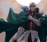  1boy armor black_gloves blonde_hair blue_eyes cape collared_cape excalibur_galatine fate/extra fate/grand_order fate_(series) fur_collar gauntlets gawain_(fate/extra) gloves green_cape holding holding_sword holding_weapon knight knights_of_the_round_table_(fate) linnne long_sleeves looking_at_viewer male_focus short_hair signature solo sun sword weapon 
