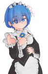  1girl bangs blue_eyes blue_hair breasts eyebrows_visible_through_hair flower hair_ornament highres holding holding_flower looking_at_viewer maid medium_breasts re:zero_kara_hajimeru_isekai_seikatsu rem_(re:zero) ribbon short_hair simple_background sleeves smile solo standing telamoxy 