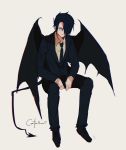  1boy artist_name bangs beige_background black_footwear black_hair black_jacket black_neckwear black_pants black_wings closed_mouth collar collared_shirt demon_boy demon_tail demon_wings full_body hair_over_one_eye hands_on_own_legs highres jacket long_sleeves looking_at_viewer male_focus necktie pants pointy_ears ray_(yakusoku_no_neverland) red_eyes ri_(catallarii) shirt short_hair simple_background sitting solo tail wings yakusoku_no_neverland yellow_shirt 