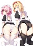  2girls alice_margatroid all_fours black_legwear black_panties blush dress hair_ornament highres komeiji_satori long_hair looking_at_viewer looking_back maid maid_dress maid_headdress miyase_mahiro multiple_girls panties puffy_short_sleeves puffy_sleeves short_hair short_sleeves simple_background thigh-highs touhou underwear white_legwear white_panties 