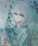  1girl bangs blue_eyes blurry blurry_background closed_mouth collared_shirt commentary_request dated depth_of_field dress_shirt hands_up highres holding kisei2 long_sleeves looking_at_viewer original shirt signature solo upper_body white_hair white_shirt 