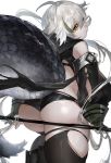  1girl arknights ass bangs bare_shoulders black_legwear black_panties commentary cowboy_shot crocodilian_tail from_behind hair_between_eyes highres large_tail long_hair long_sleeves looking_at_viewer looking_back nima_(niru54) panties silver_hair simple_background solo standing tail thick_thighs thigh-highs thighs tomimi_(arknights) underwear white_background yellow_eyes 