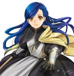 1girl armor black_gloves blue_hair braid brown_eyes cape dated gauntlets gloves hair_ornament hitotose holding holding_staff honzuki_no_gekokujou long_hair maine_(honzuki_no_gekokujou) simple_background solo staff standing white_background yellow_cape 