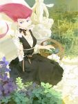  1girl a-shacho basket black_dress bow closed_mouth commentary_request dress dress_bow earrings eyelashes frills holding jewelry leaf long_hair looking_to_the_side musashi_(pokemon) plant pokemon pokemon_(anime) redhead smile solo team_rocket violet_eyes 