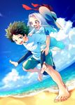  1boy 1girl abiko_yuuji barefoot beach black_legwear boku_no_hero_academia carrying clothes_writing clouds cloudy_sky commentary_request day dress eri_(boku_no_hero_academia) freckles frilled_dress frills green_dress green_eyes green_hair green_shorts hand_on_another&#039;s_hand happy hat highres horns long_hair long_sleeves looking_at_viewer messy_hair midoriya_izuku ocean open_mouth outdoors piggyback pinafore_dress red_eyes red_ribbon ribbon shirt short_hair short_sleeves shorts single_horn sky smile upper_teeth white_shirt 