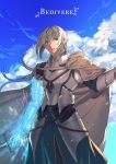  1boy absurdres armor bedivere blonde_hair braid breastplate cape character_name closed_mouth clouds fate/grand_order fate_(series) gauntlets green_eyes highres holding holding_sword holding_weapon knight long_hair looking_to_the_side male_focus na70413 outdoors ponytail prosthesis prosthetic_arm sky solo sword weapon white_cape 