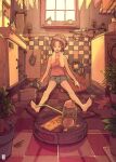  1girl bare_legs barefoot brown_eyes brown_hair cabinet can glowing grey_shorts highres holding holding_can inukoko leaf open_mouth original pink_tank_top pipe plant potted_plant reflection shorts sitting smile solo tank_top tile_floor tile_wall tiles towel wide_shot window 