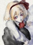 1girl ascot bangs between_legs black_skirt black_vest blonde_hair collared_shirt expressionless eyebrows from_above hair_ornament hair_ribbon hand_between_legs long_skirt long_sleeves looking_to_the_side painting_(medium) pale_skin red_ascot red_eyes red_ribbon ribbon rumia seiza shirt short_hair sitting sketch skirt skullchimes touhou traditional_media vest watercolor_(medium) white_background white_shirt 