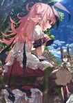  2girls animal animal_ear_fluff animal_ears binoculars bird black_neckwear blue_sky blush clouds cloudy_sky demon_girl demon_tail demon_wings dress dripping frilled_dress frills hair_between_eyes hair_ornament highres holding holding_binoculars house log long_hair low_wings mini_wings moon moss multiple_girls narumi_arata open_mouth original outdoors pink_hair pointy_ears puffy_sleeves rainbow red_eyes short_hair silhouette sitting sky standing sweat tail tongue tongue_out tree violet_eyes wet wet_clothes wings 