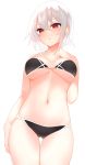  1girl ass_visible_through_thighs bangs bikini black_bikini blush breasts collarbone commentary_request from_below highres large_breasts navel open_mouth original otokuyou red_eyes short_hair simple_background stomach swimsuit thigh_gap white_background white_hair 