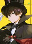  1boy bangs black_cape black_headwear black_ribbon brown_hair cape character_name closed_mouth collared_shirt commentary_request face frown gloves green_eyes hand_up hat highres hyouka looking_at_viewer male_focus mery_(yangmalgage) monocle oreki_houtarou playing_card_theme ribbon shirt short_hair solo upper_body white_gloves white_shirt wing_collar yellow_background 